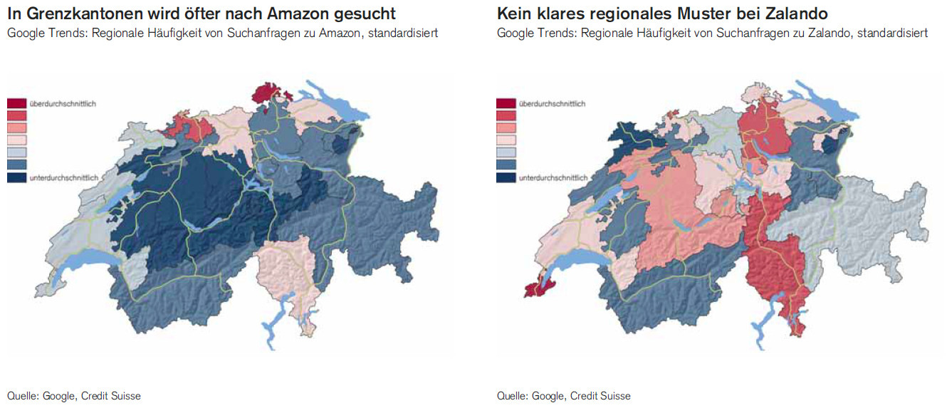 Google Trends: Regionale Häufigkeit von Suchanfragen zu Amazon und Zalando, standardisiert - Grafik: Credit Suisse