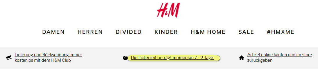 H&M Onlineshop mit Lieferzeit von 7-9 Tagen aktuell