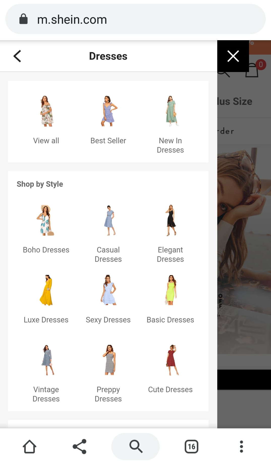 Chinesische Online-Fashionhändler im Test, die kleinen Bilder in der Navigation machen das Einkaufen intuitiver
