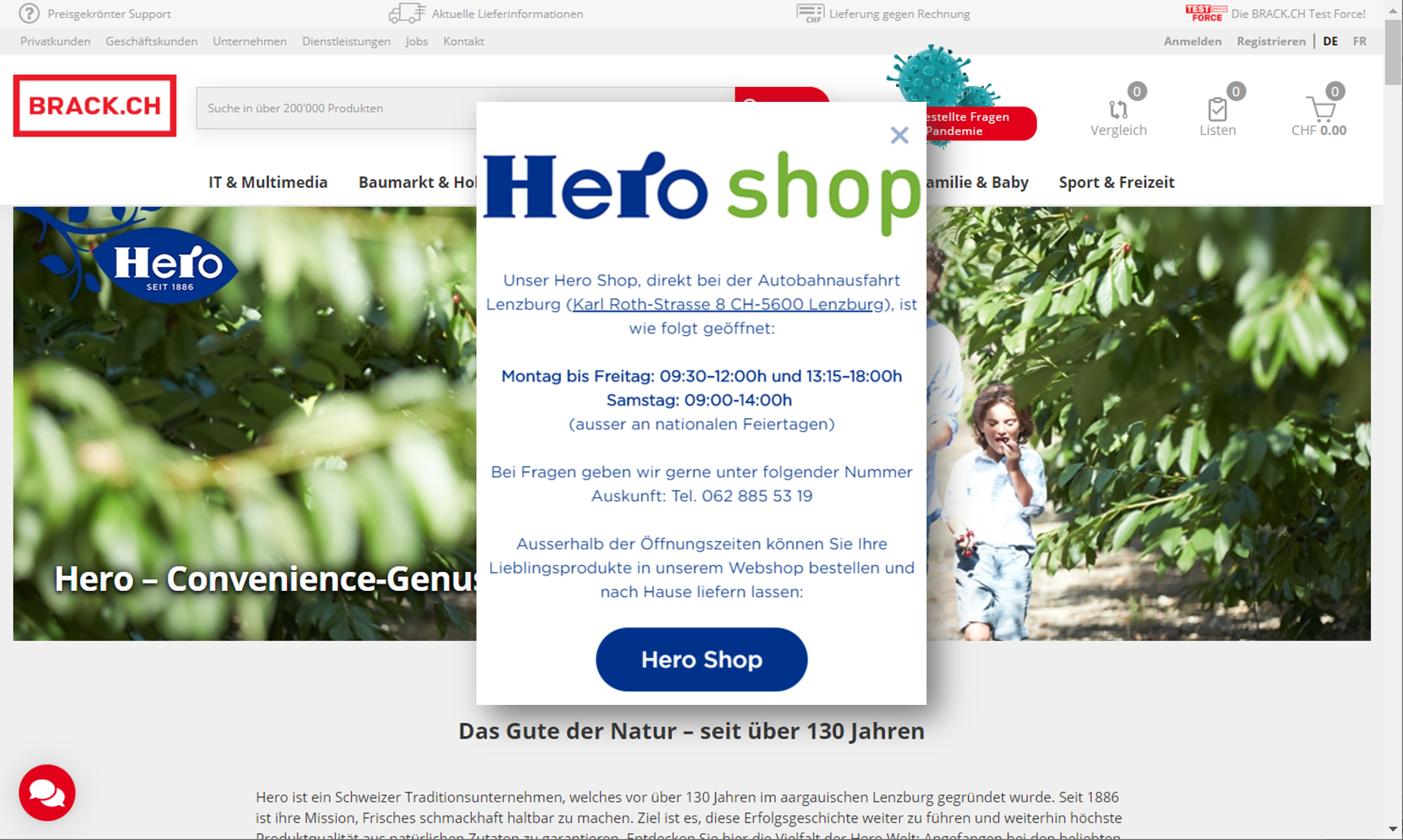 Webshop von Hero Schweiz verweist auf Brack.ch