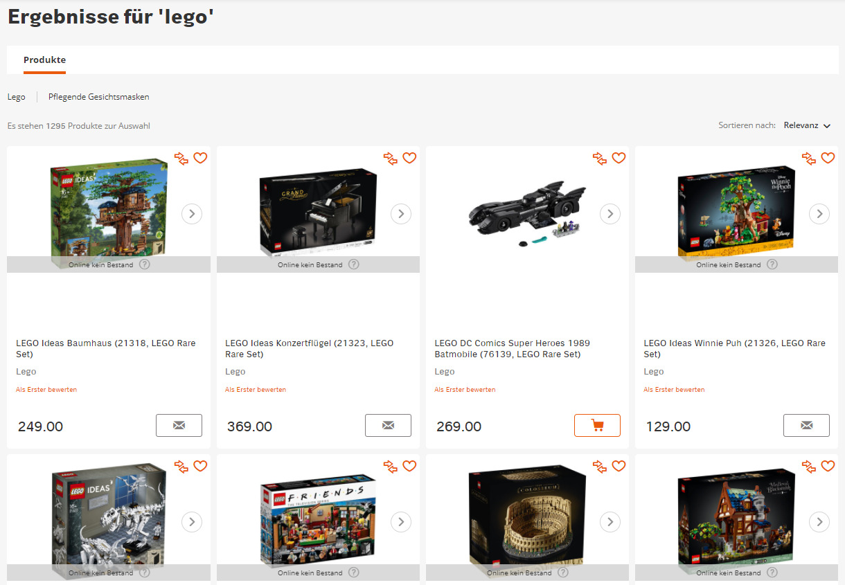 Kaum Onlinebestände für Lego-Produkte bei Coop-City.